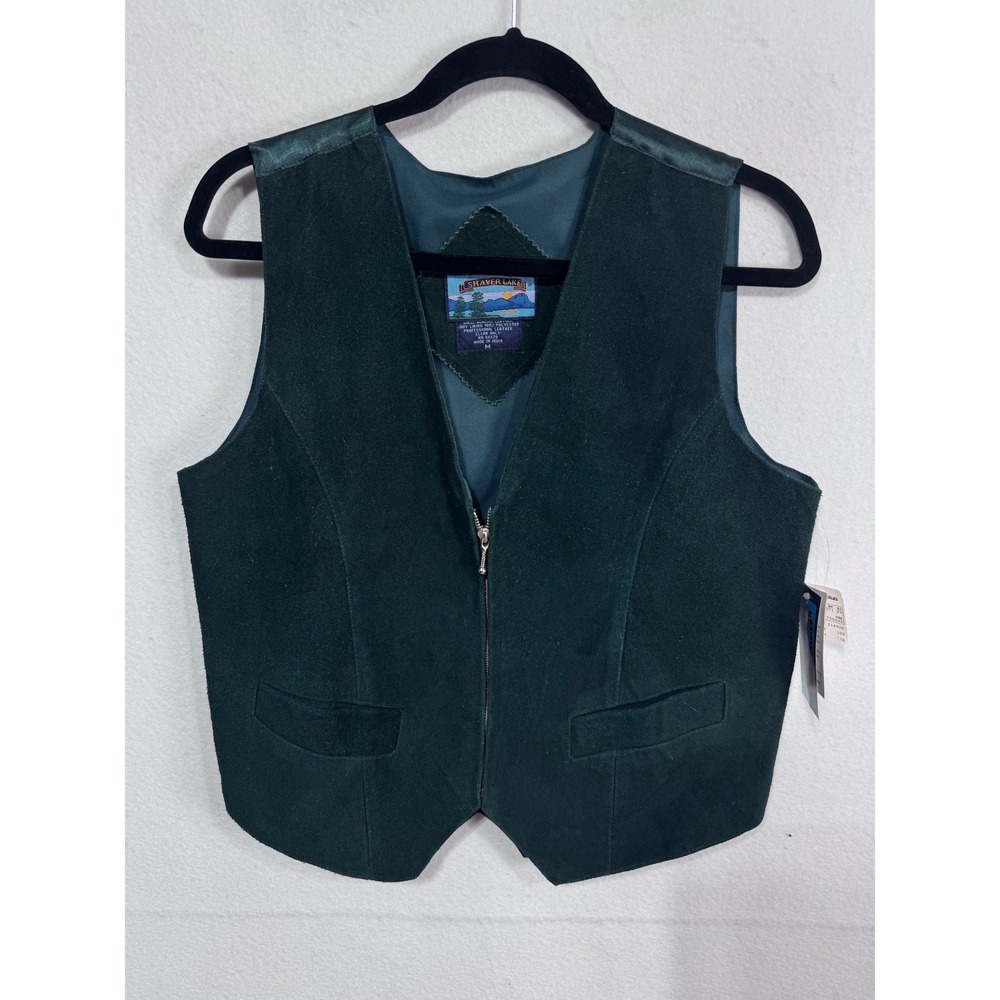 Vintage Shaver Lake M Green Leather Vest Women's Zip Front Suede Boho Western - Picture 2 of 8